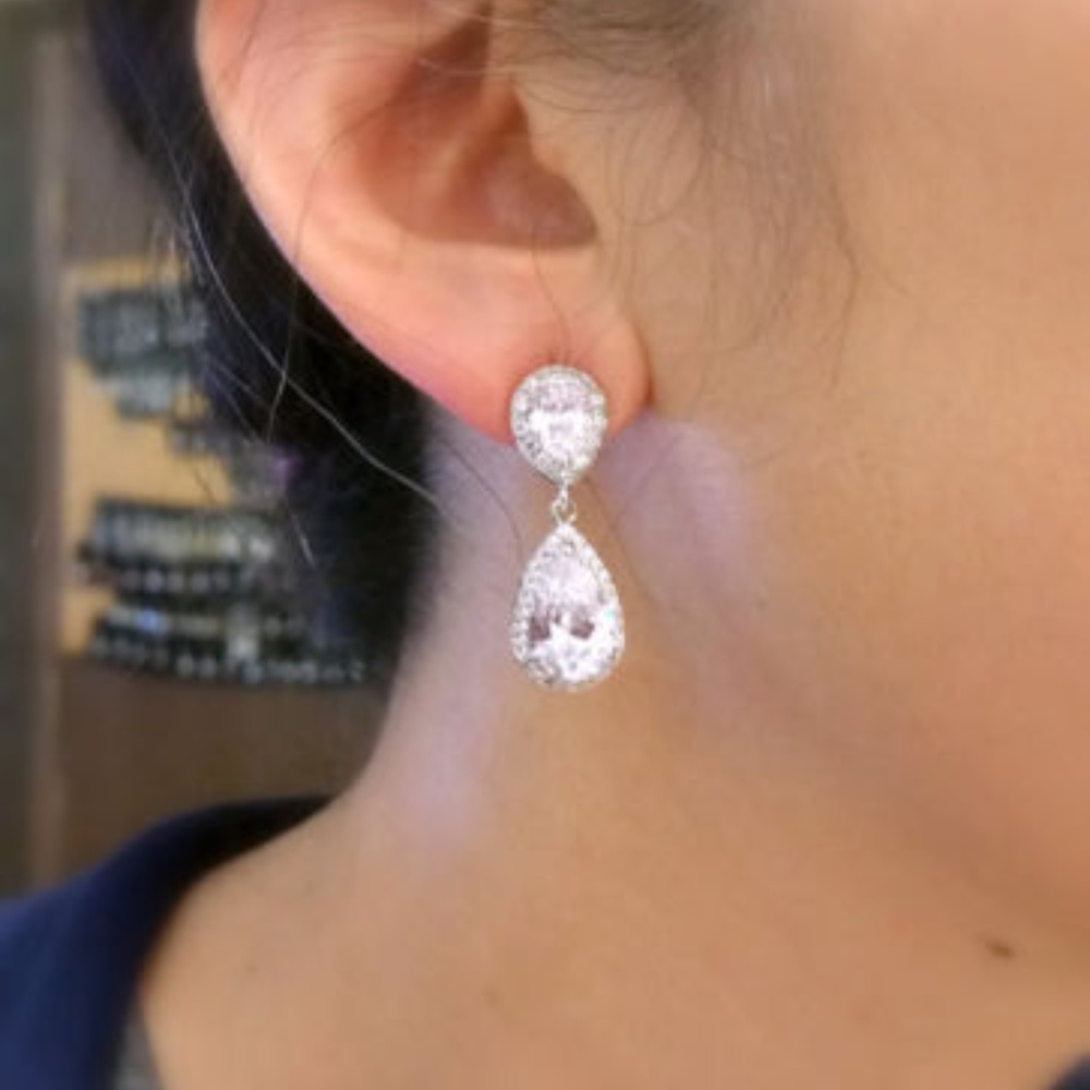 White Gold Plated Rhinestone Statement Earrings - Picture 4 of 6